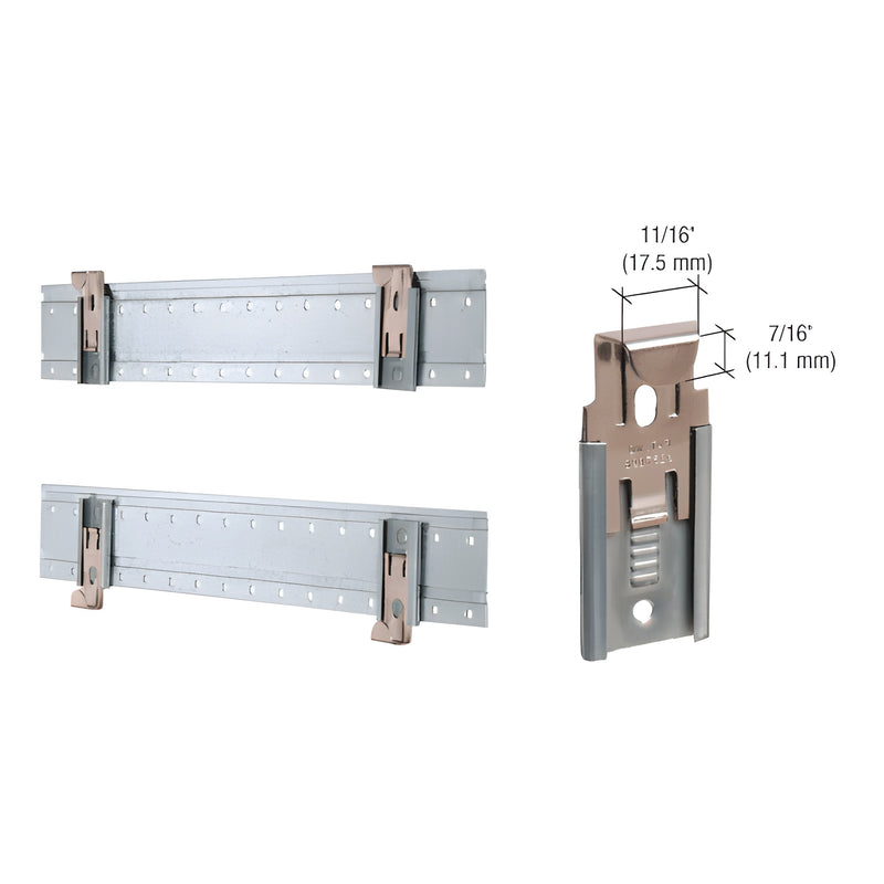 The CRL Mirraco mirror hanger system features two 36-inch metal mounting strips and a close-up detail of the adjustable mirror clip hardware.