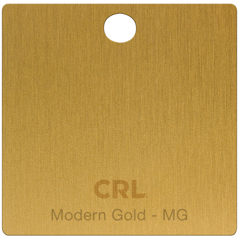 A square brass color chip featuring a brushed Modern Gold finish and a circular mounting hole at the top.