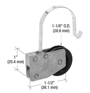 A CRL sliding screen door roller assembly with a 1-1/8 inch nylon wheel and aluminum housing shown with dimension labels.