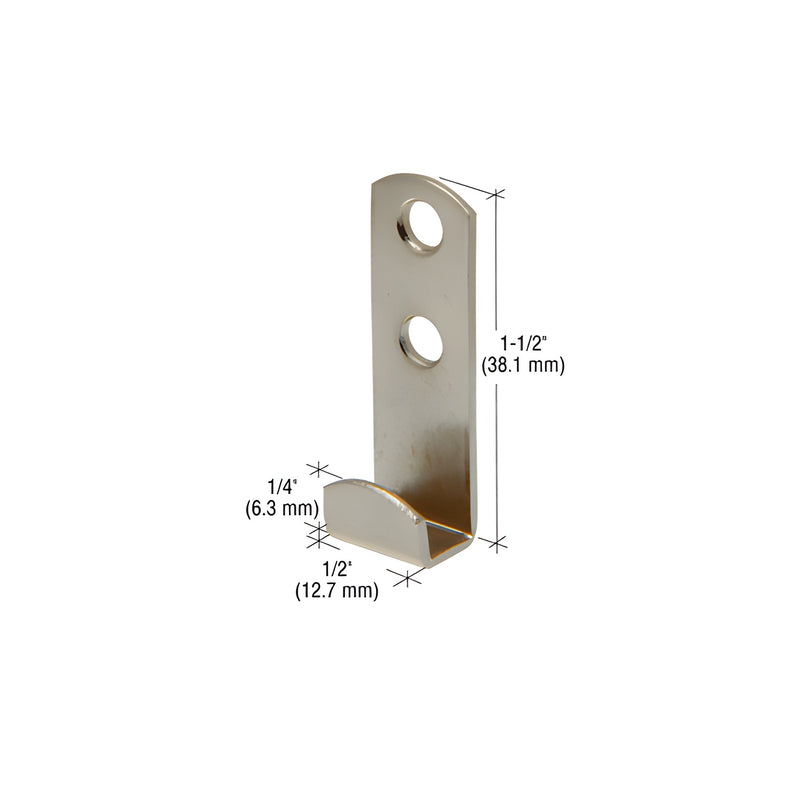 A nickel plated steel standard round lip mirror clip featuring two countersunk mounting holes and overlaid dimensional measurements.