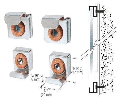 A set of four nickel-plated E-Z mount mirror clips with rubber cushions and a diagram showing their installation on a wall.