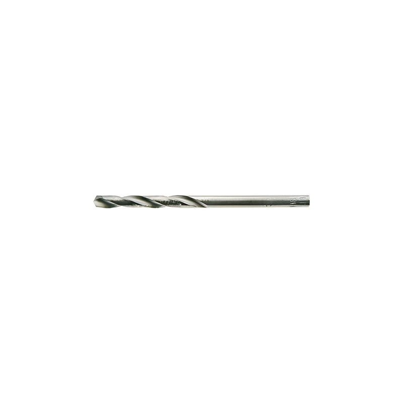A close-up view of a metallic CRL No. 21 wire gauge stubby drill bit with a round shank.