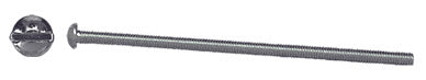 A side view and a top view of a long, threaded aluminum screw designed for speak-thru hardware.
