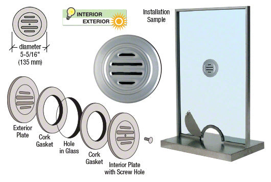 A diagram showing the components of a polished chrome no-draft speak-thru, including exterior and interior plates, gaskets, and an installation sample in glass.