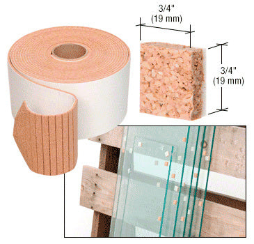 A roll of non-adhesive cork shipping pads shown alongside a single pad and glass sheets separated by pads on a wooden pallet.