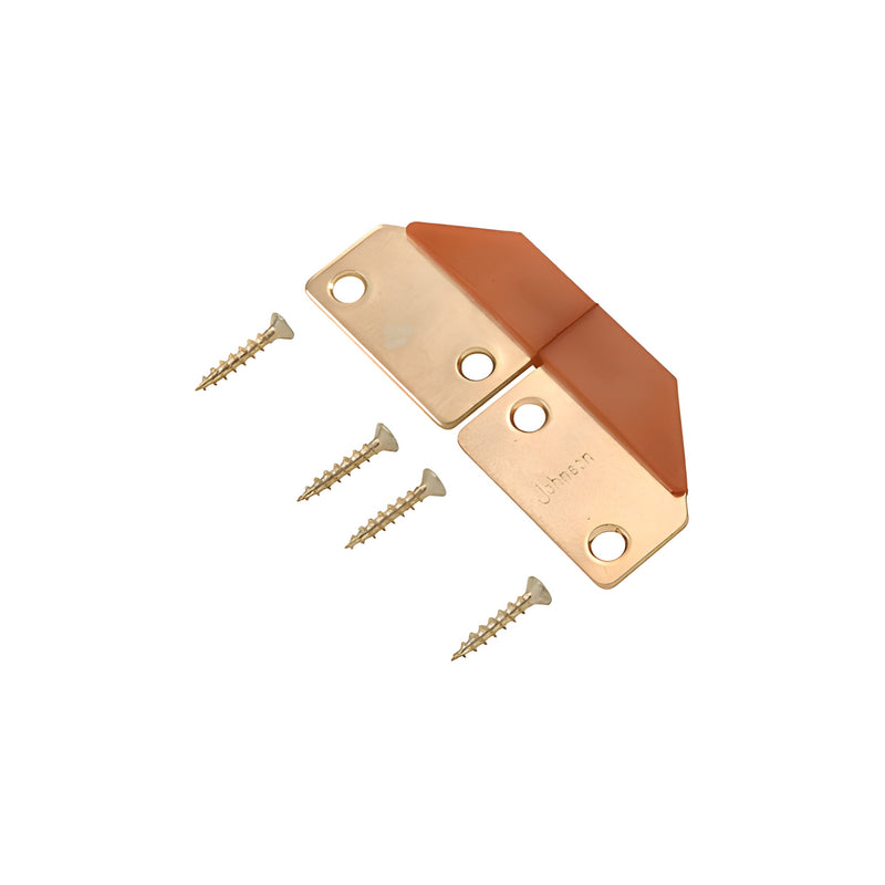 A wood tone non-mortise panel hinge made of steel shown with four included mounting screws.