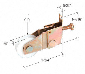 A steel housing sliding screen door roller with a 1-inch nylon concave wheel and adjustment screw.