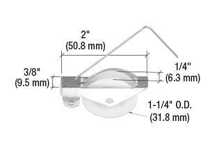 A technical diagram showing a 1-1/4 inch nylon center groove spring tension roller with a 2-inch housing length for sliding screen doors.