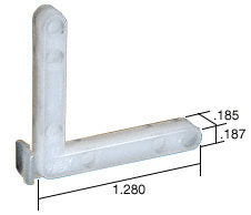 A white nylon L-shaped corner key shown with dimensional measurement lines indicating a 1.28-inch leg length and .185-inch width.