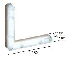 A white nylon L-shaped corner key shown with dimension lines indicating a 1.28-inch leg length and .180-inch width.