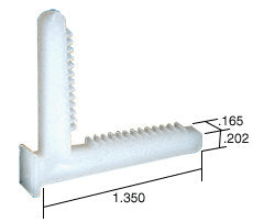 A white nylon corner key featuring ribbed legs with 1.350 inch length and 0.165 inch width dimensions.