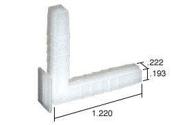 A white nylon corner key component shown with dimension labels for leg length and width.