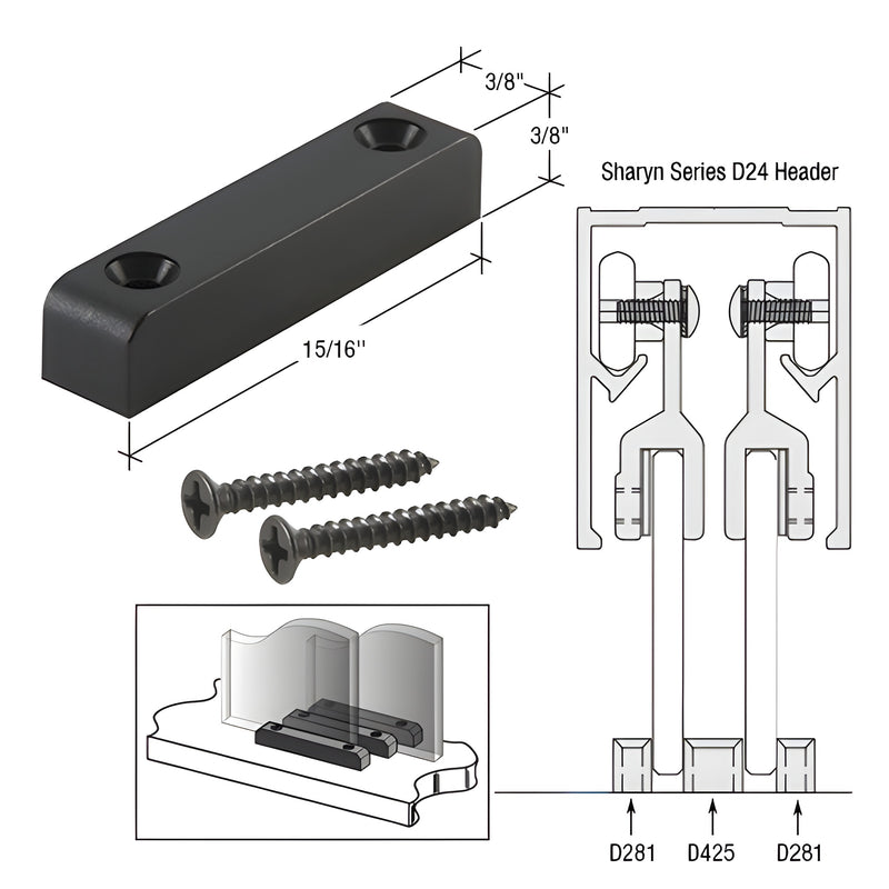 A black plastic CRL nylon lower guide shown with two mounting screws and a technical diagram of a sliding door track system.