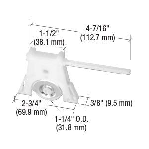 A technical diagram showing the dimensions of a white nylon sliding screen door roller assembly with a 1-1/4 inch concave wheel.