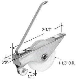 A technical diagram of a CRL screen roller assembly featuring a steel housing and a 1-1/8 inch nylon concave wheel with dimension labels.