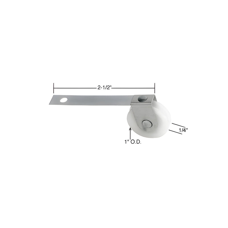 A 1-inch nylon sliding screen door roller with a concave profile and a 2-1/2 inch steel tension spring.