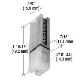 A nylon sliding screen door bottom roller with a 9/16 inch flat edge wheel and spring-loaded housing shown with dimension labels.