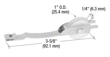 A technical diagram shows a 1-inch nylon concave roller attached to a 3-5/8 inch steel spring tension assembly for sliding screen doors.
