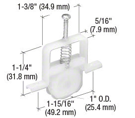 A white nylon sliding screen door roller with a 1-inch concave wheel and spring-loaded adjustment screw shown with dimensional technical callouts.