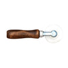 A screen roller tool with a wooden handle and a white nylon wheel.