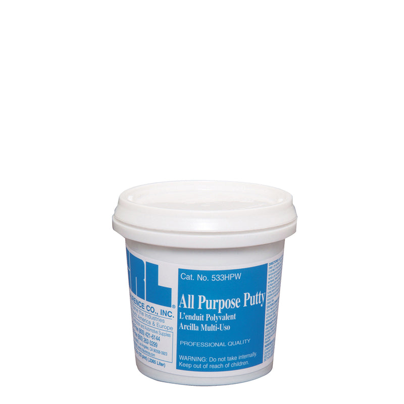 An 8 oz. container of CRL off-white all purpose putty with a white lid and blue label.