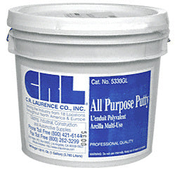 A 3-gallon plastic bucket of CRL off-white all-purpose putty with a blue and white product label.