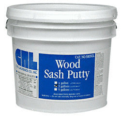 A 3-gallon white plastic bucket of CRL off-white wood sash putty with a blue product label.