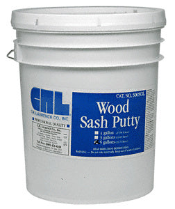 A 5-gallon white plastic bucket of CRL Wood Sash Putty with a blue product label.