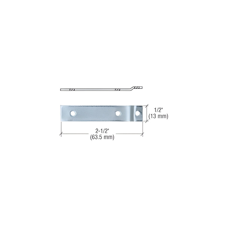 A technical diagram showing the top and side profile of a 2-1/2 inch aluminum offset clip with three mounting holes.