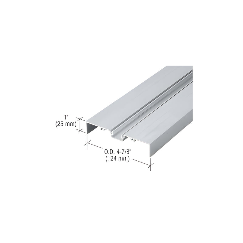A mill finish aluminum OfficeFront™ shallow pocket glazing insert shown with 1" height and 4-7/8" outer dimension measurements.