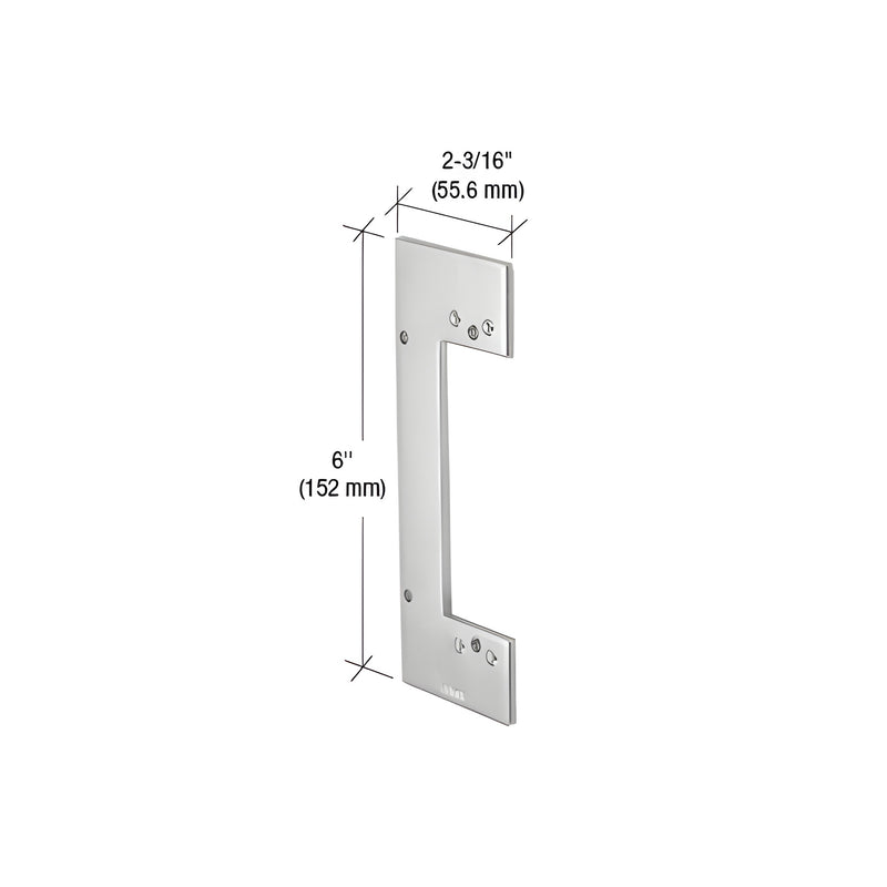 An aluminum strike backing plate for locksets measuring 6 inches high by 2-3/16 inches wide.
