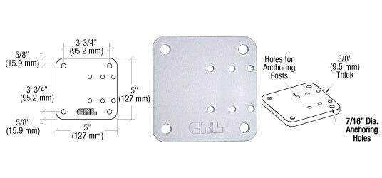 A technical diagram showing the dimensions and hole patterns of a 5-inch by 5-inch clear anodized aluminum offset base plate.
