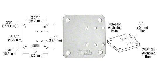A technical diagram showing the dimensions and anchoring hole layout of the 5-inch square aluminum offset base plate.