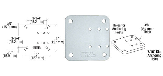 Technical diagram showing the dimensions and hole patterns of the 5-inch by 5-inch aluminum offset base plate.