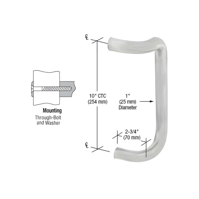 A technical diagram showing the dimensions and through-bolt mounting details of a 10-inch brushed stainless steel offset door pull.