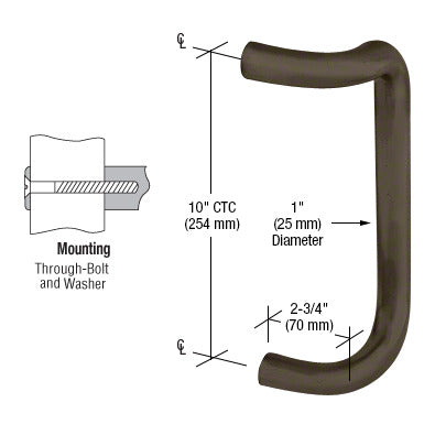 A technical diagram showing the dimensions and through-bolt mounting detail of a dark bronze offset door pull.