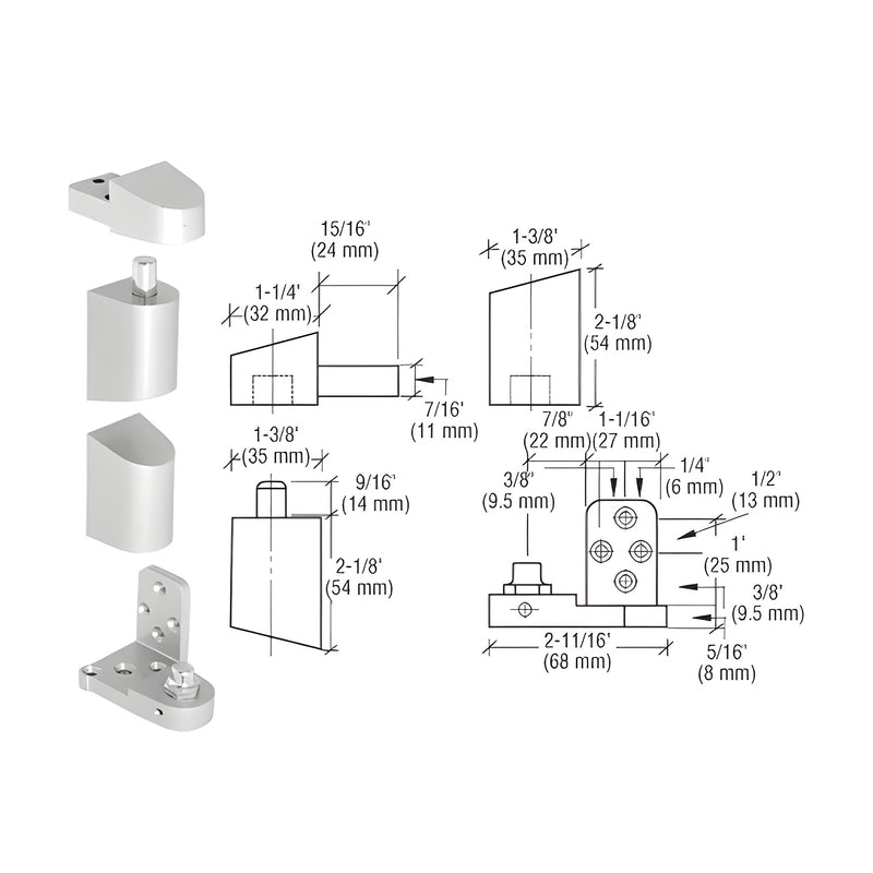 Technical diagram and components of a CRL aluminum offset left hand pivot set showing dimensions and mounting hardware.