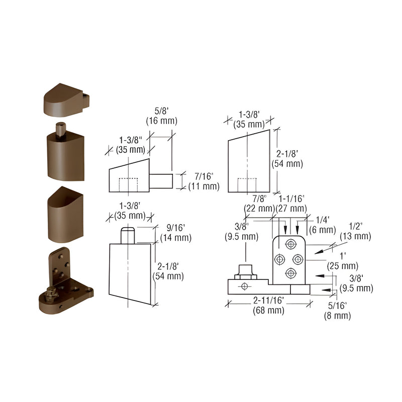 A technical diagram showing the components and dimensional measurements of a dark bronze offset right hand pivot set for aluminum storefront doors.
