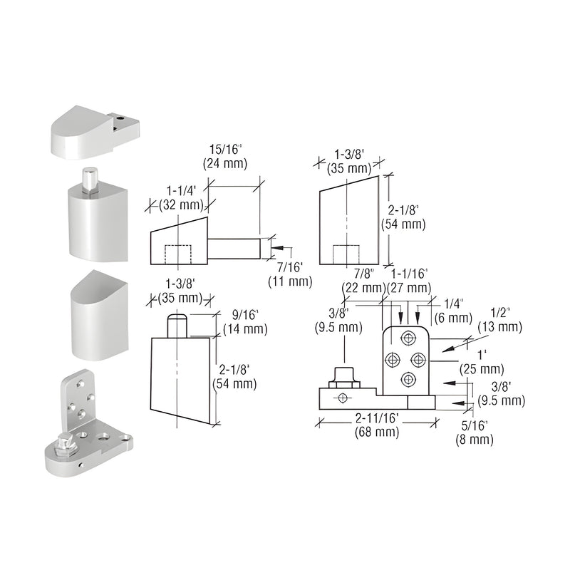 A technical diagram showing the components and dimensional measurements of a right-hand offset aluminum pivot set for storefront doors.