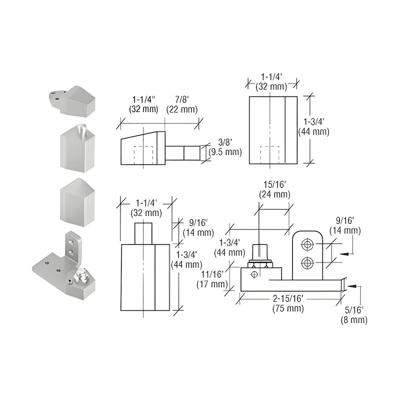 Technical line drawings and components of an aluminum offset left hand pivot set for storefront doors.