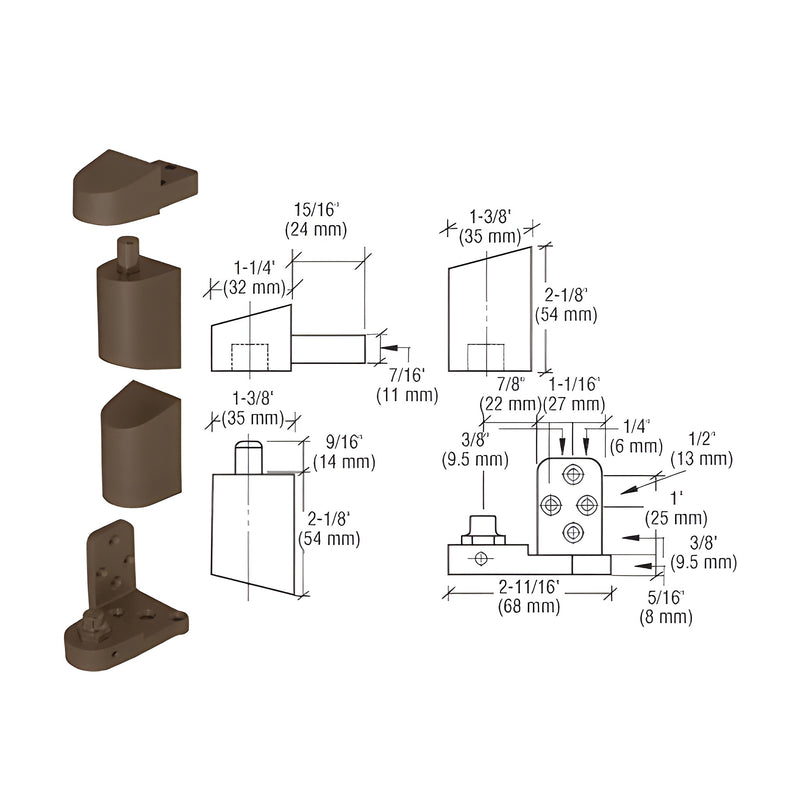 A technical diagram showing the components and dimensional measurements of a dark bronze offset right-hand pivot set for aluminum storefront doors.