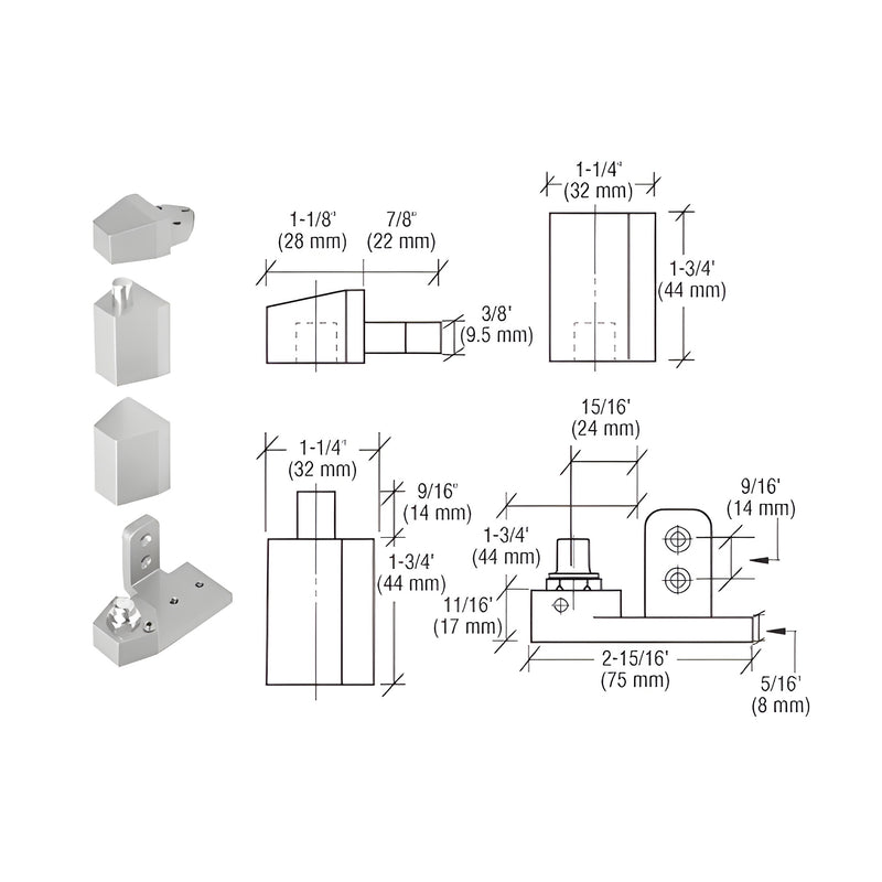 Technical diagram and product view of a right-hand aluminum offset pivot set with 1/8 inch recess for storefront doors.