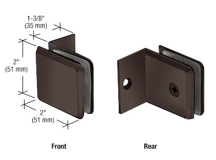 A technical diagram showing the front and rear views of an oil rubbed bronze beveled glass clamp with dimensions.