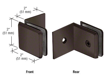 Front and rear views of an oil rubbed bronze beveled glass clamp with a large leg and 2-inch dimensions.