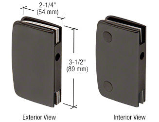 Exterior and interior views of an oil rubbed bronze brass glass swinging door lock receiver with dimensions shown.