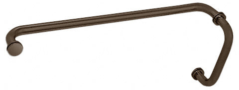An oil rubbed bronze BM series combination pull handle and towel bar with metal washers for glass shower doors.
