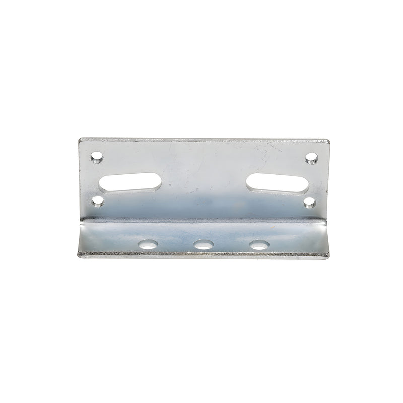 A metallic, L-shaped adjustable mounting clip for overhead concealed door closers with pre-drilled holes and slots.