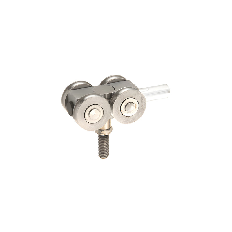 A stainless steel overhead track carriage assembly with two rollers and a threaded mounting bolt for sliding door systems.
