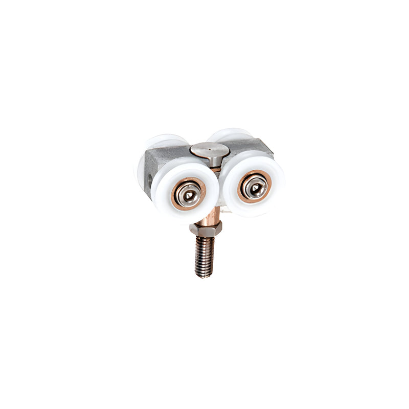 A CRL overhead track carriage assembly featuring white nylon rollers and a threaded mounting bolt for sliding and bi-fold door systems.