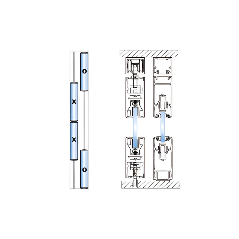 A technical diagram showing the overhead double track configuration and cross-section of the OXXO sliding door system.